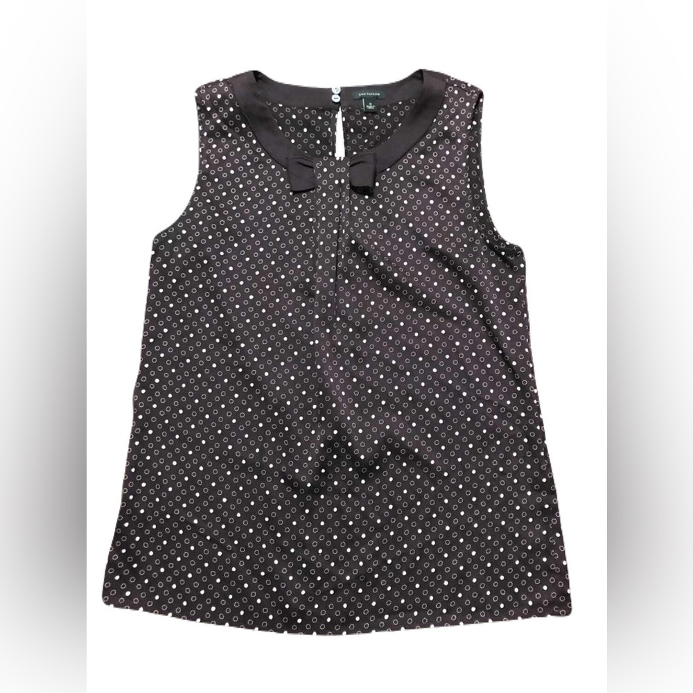 Ann Taylor women’s small sleeveless blouse, maroon, pink dots, bow detail